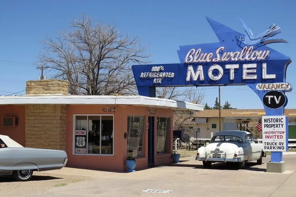 The blue sign of the famous motel, The Blue Swallow Motel
